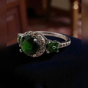 JTV Sterling Silver Green Gemstone Halo Ring (Size 9)